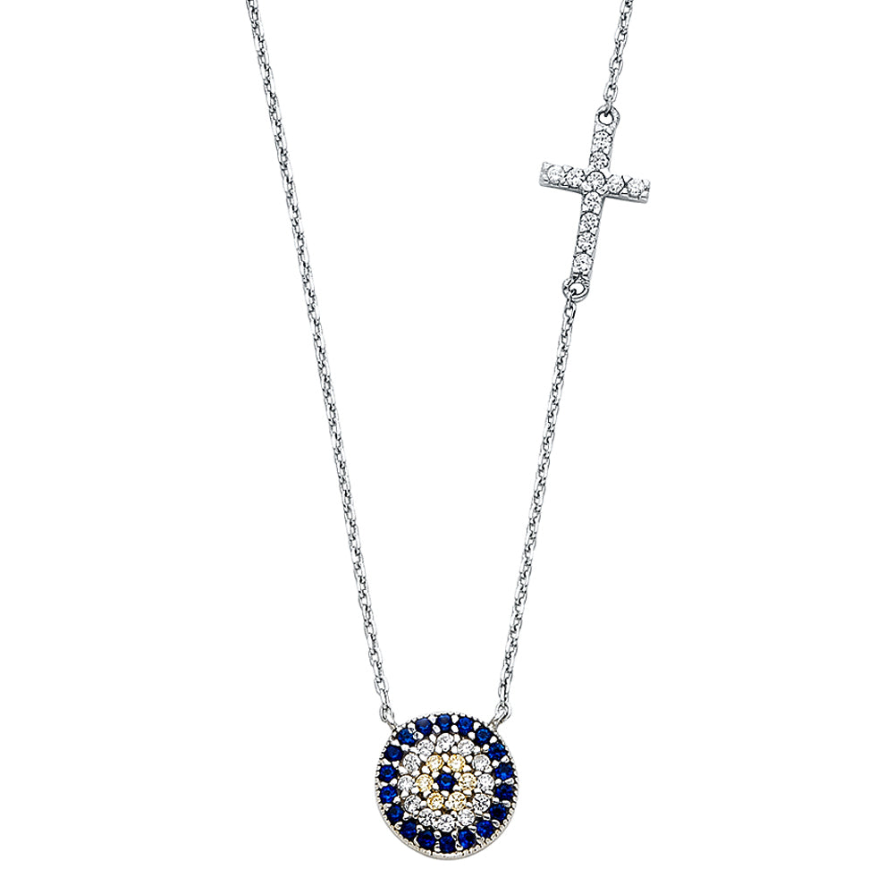White Gold Evil Eye & Cross Necklace